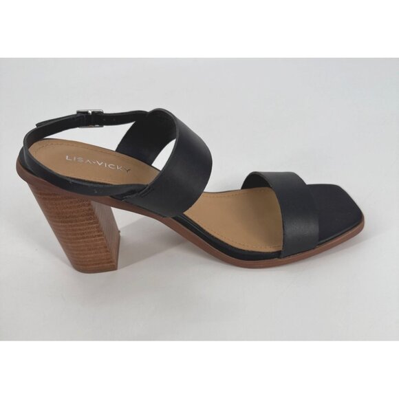 Lisa Vicky Oasis Sandals Black Leather Open Toe With Chunky Wooden Heel 9 New - Picture 9 of 11